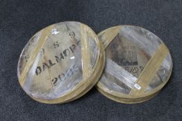 Six wooden whisky barrel lids