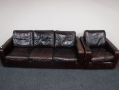 A brown leather Barker and Stonehouse three seater settee,