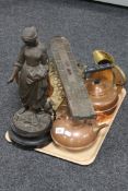 A tray of antique and later brass, copper, Spelter lady figure,