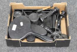 A collection of ebony dressing table items, mirror,