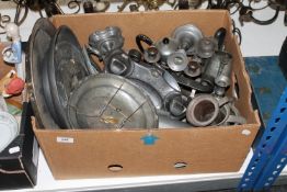 A box of antique and later pewter ware, antique inkwell,