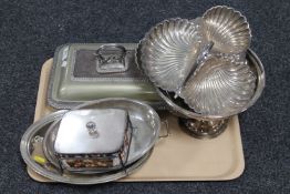 A tray of antique and later silver plated items including lidded breakfast dish,