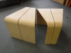 Two beech contemporary triangular shaped occasional tables