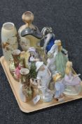 A tray of antique and later figures, Staffordshire style spill vases,