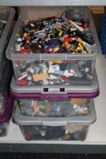 Three crates of Lego and similar building materials, plastic toy items etc.