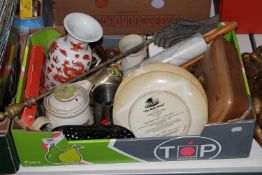 A box containing antique brass fire shovel, marble rolling pin, Chinese vase,