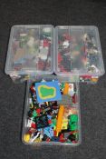 Three crates of Lego and similar building materials, plastic toy items etc.
