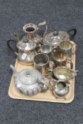 A tray of antique and later silver plated items,
