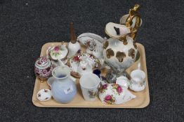 A tray of decorative china ornaments, ornamental egg on stand,