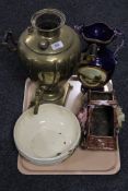 A tray of brass samovar, ornamental vase,