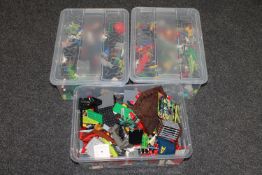 Three crates of Lego and similar building materials, plastic toy items etc.