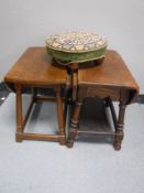 Two small oak flap sided occasional tables and a footstool
