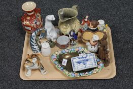 A tray of pottery and ornaments,
