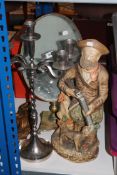An antique style dressing table mirror together with a figure of a farmer and candelabrum