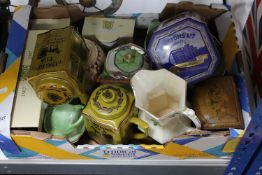 Three boxes of tea china, Ringtons tins, Japanese dinner ware, figured ornaments,