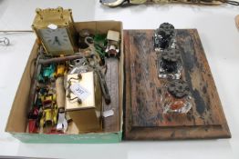 A tray of die cast vehicles, antique ruler, carriage clock,
