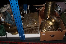 A box of brass planters, stick stand, copper ware, embossed brass box, coal bucket,