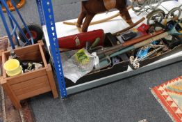 Three boxes of tools, garden forks,