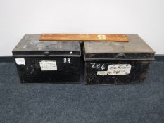 Two metal deed boxes and three spirit levels