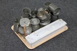 A tray of antique and later pewter tankards,