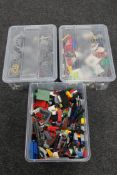 Three crates of Lego and similar building materials, plastic toy items etc.