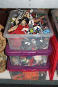 Three crates of Lego and similar building materials, plastic toy items etc.
