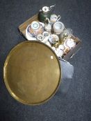 A brass Eastern plaque, cased vintage typewriter machine and a box of assorted china,