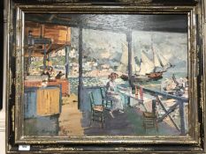 A textured print by Artagraph Editions : study of a lady sitting in a bar with boats beyond,