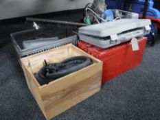 A metal concertina tool box and tools together with three crates of power tools and accessories,