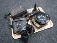 A tray of pair of cased field glasses, ships compass, cased Balco Ohms meter,