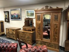 An Edwardian burr walnut three piece bedroom suite (wardrobe,