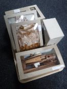 Six hand built wooden toys including skiing bear, propeller air craft,