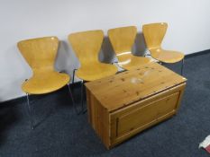 Four stacking beech kitchen chairs and a pine blanket box