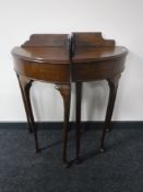 Two oak corner tables