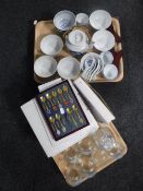 Two trays containing five Bradford Exchange plates, Bradex RAF whisky decanter and six glasses,