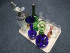 A tray of early twentieth century and later glass including Bohemia coloured glass vases,