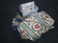 Two pairs of blue striped fleur de lis patterned curtains with tie backs and a further pair of