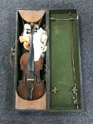 An antique violin and bow in hard carry case CONDITION REPORT: 14
