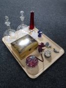 A tray of two Victorian glass decanters, assorted perfume bottles,