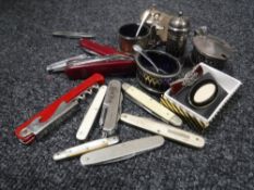 A silver mustard pot and salt with spoons together with three piece plated cruet set with spoon,