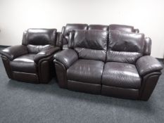 A three piece brown leather manual reclining suite