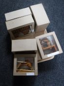 A tray of six boxed hand built wooden toys including baby rocking horse,
