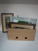 A collection of pictures including a watercolour by Walter Dixon, Atkinson Grimshaw prints,