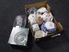 A box of blue and white lidded soup tureen, china tea pot, storage pot, vases,