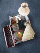 A box of wooden storage jars, cast metal recipe book stands,