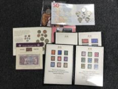 Two black folders of Harrington and Byrne stamps together with a wallet of paper currency and four