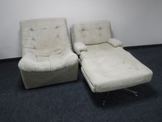 A mid 20th century Howard Keith armchair in a button fabric on a chrome swivel base with stool and