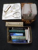 A wicker picnic basket, box of antique books, lingua phone set,