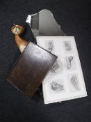 An early twentieth century frameless bevelled mirror together with a small folding bed table etc