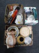 Three boxes of miscellaneous china, stone ware storage jars, glass ware,